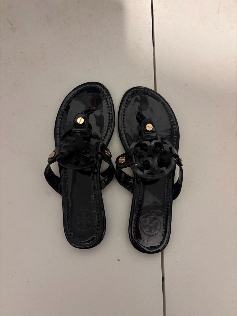 Tory Burch Black Patent Logo Thong Sandals with Gold Studs